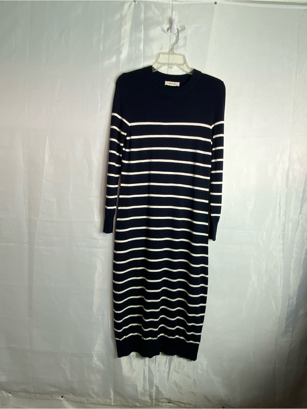 Striped Long-Sleeve Knit Midi Dress - Navy & White
